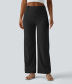 Pantalon taille haute coupe droite effet lin avec poches