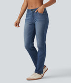 Jean décontracté Halara Flex™ taille basse à jambes droites avec bouton, fermeture éclair, multiples poches, effet délavé en maille extensible