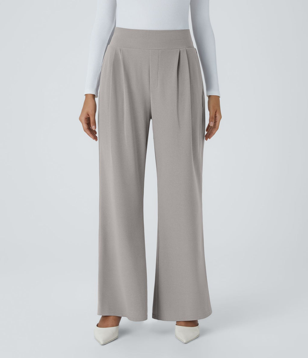 Halara Flex™ Pantalon Tailleur en Tissu Gaufré Taille Haute avec Large Ceinture Plis Poches Latérales Jambes Larges