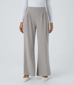 Halara Flex™ Pantalon Tailleur en Tissu Gaufré Taille Haute avec Large Ceinture Plis Poches Latérales Jambes Larges