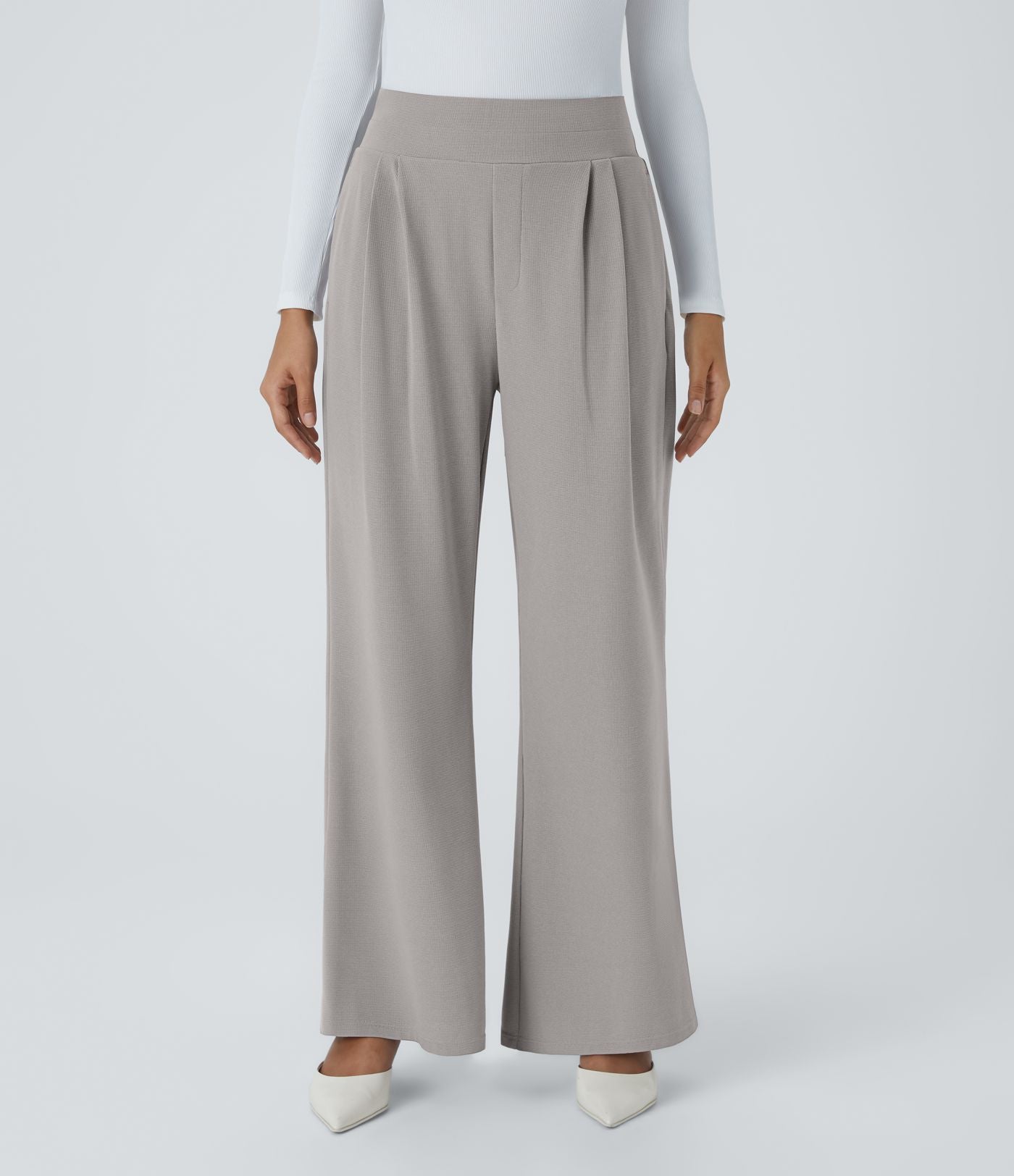 Halara Flex™ Pantalon Tailleur en Tissu Gaufré Taille Haute avec Large Ceinture Plis Poches Latérales Jambes Larges