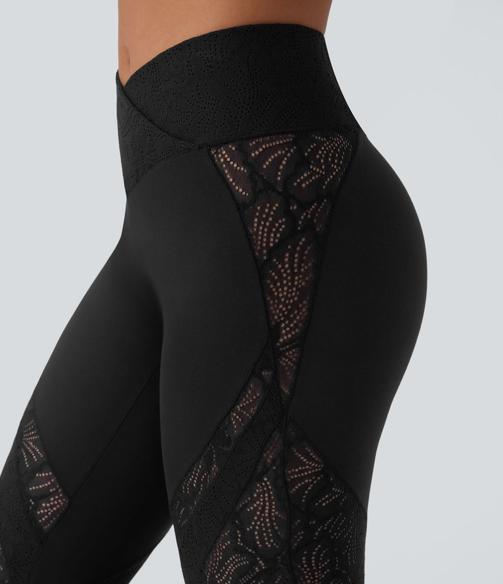 Pantalon de yoga évasé à taille haute croisée, poche arrière et dentelle