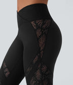 Pantalon de yoga évasé à taille haute croisée, poche arrière et dentelle