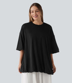 Top casual oversize col rond à manches mi-longues et ourlet boule
