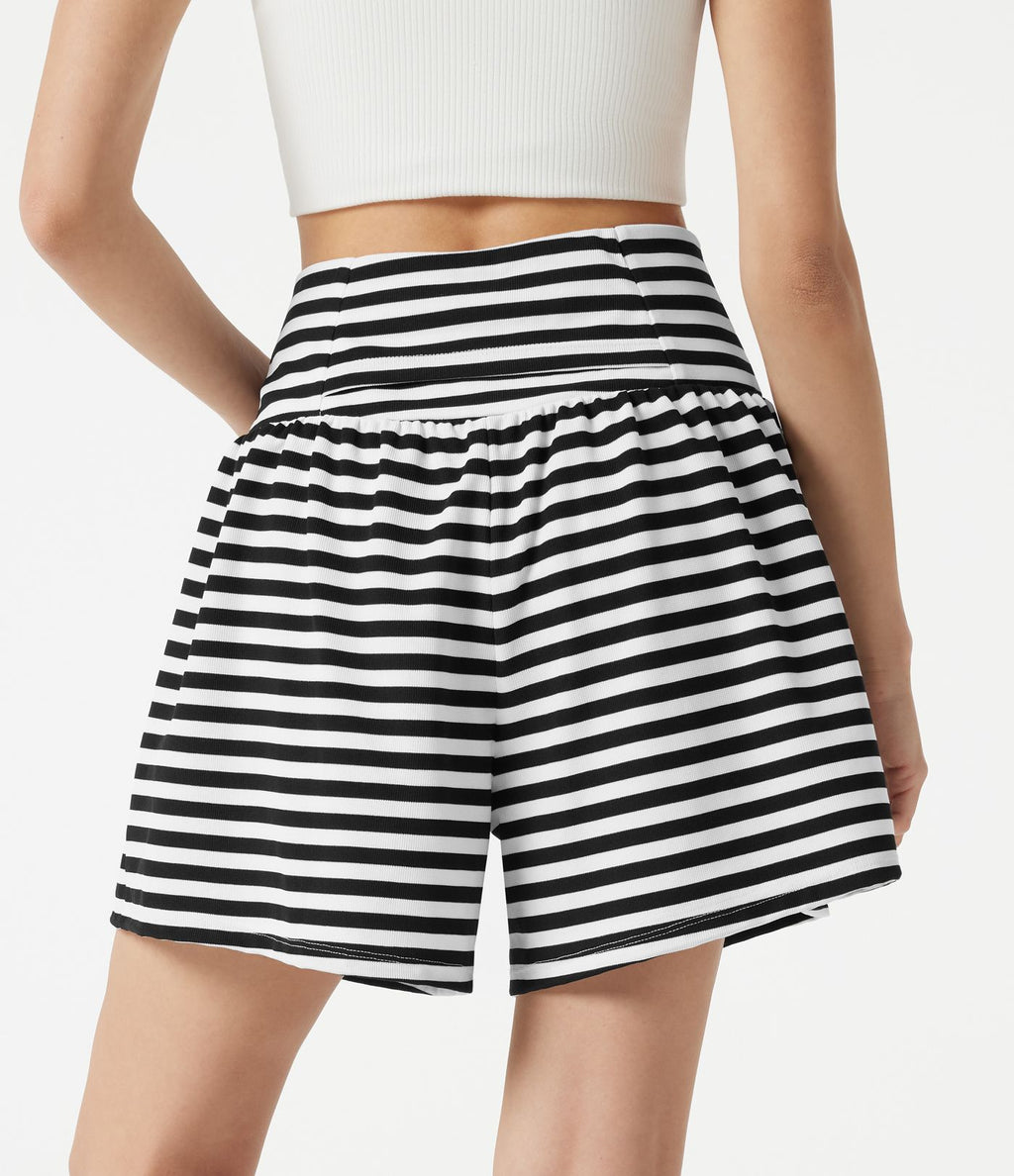 Short casual 2-en-1 à rayures en tissu gaufré taille haute 12,5 cm avec poches
