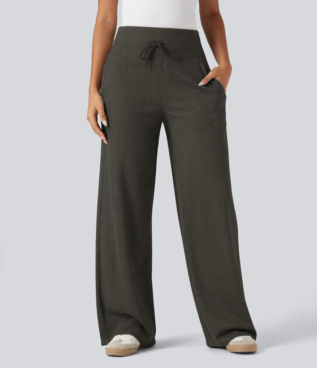 Pantalon jogging large décontracté côtelé gainant taille haute avec cordon de serrage et poches