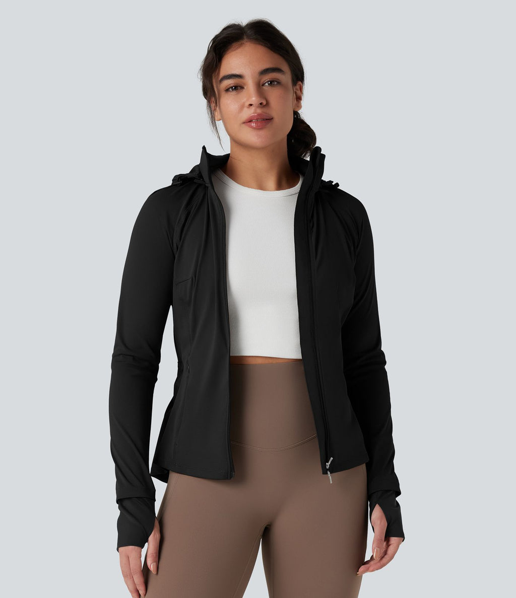 Veste randonnée capuche amovible double zip cordon de serrage avec trous pouces et poches