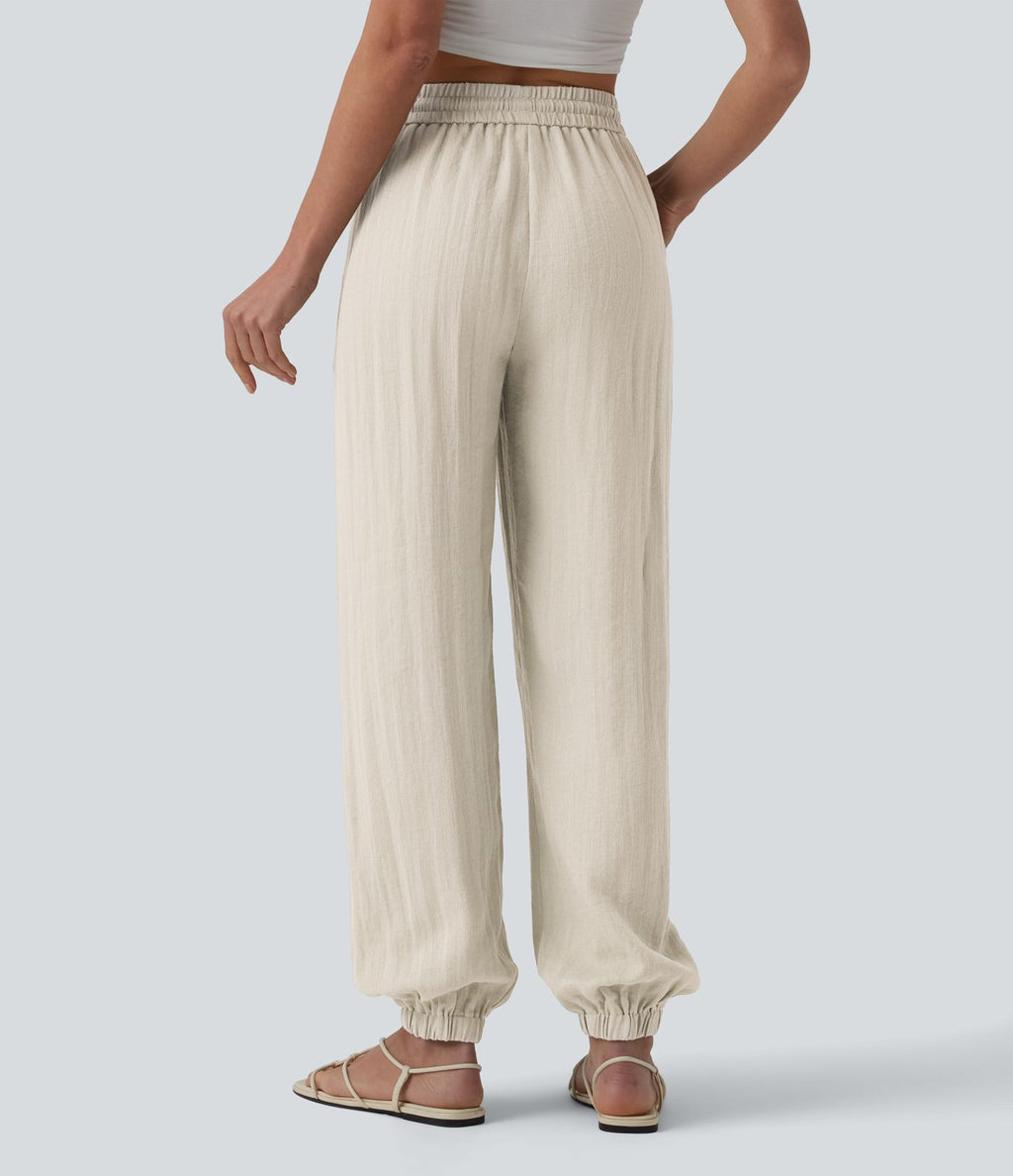 Jogging casual large ample taille haute aspect lin à cordon de serrage avec poches