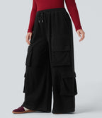 Pantalon cargo décontracté grande taille, ample, côtelé, taille mi-haute, à cordon, avec poches
