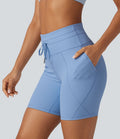 Short cycliste de yoga en maille côtelée taille haute avec cordon de serrage séchage rapide 15 cm avec poches - UPF50+