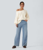 Pull casual col V épaules tombantes manches longues avec fentes