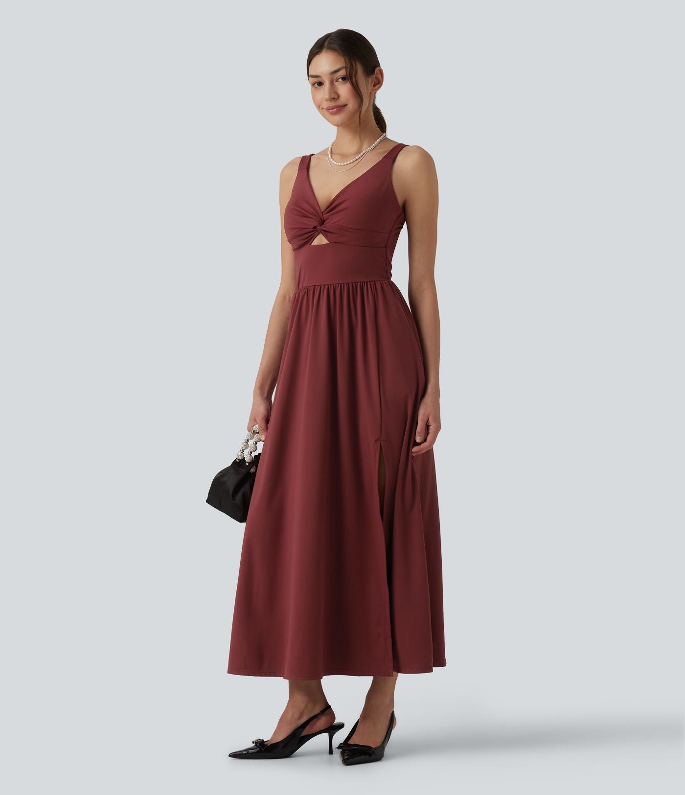 Robe de soirée mi-longue SoftlyZero™ Airy col V sans manches torsadée avec fente, coques fixes et effet frais InstantCool avec poches