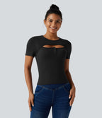 T-shirt en maille côtelée à col rond avec découpe et maintien intégré
