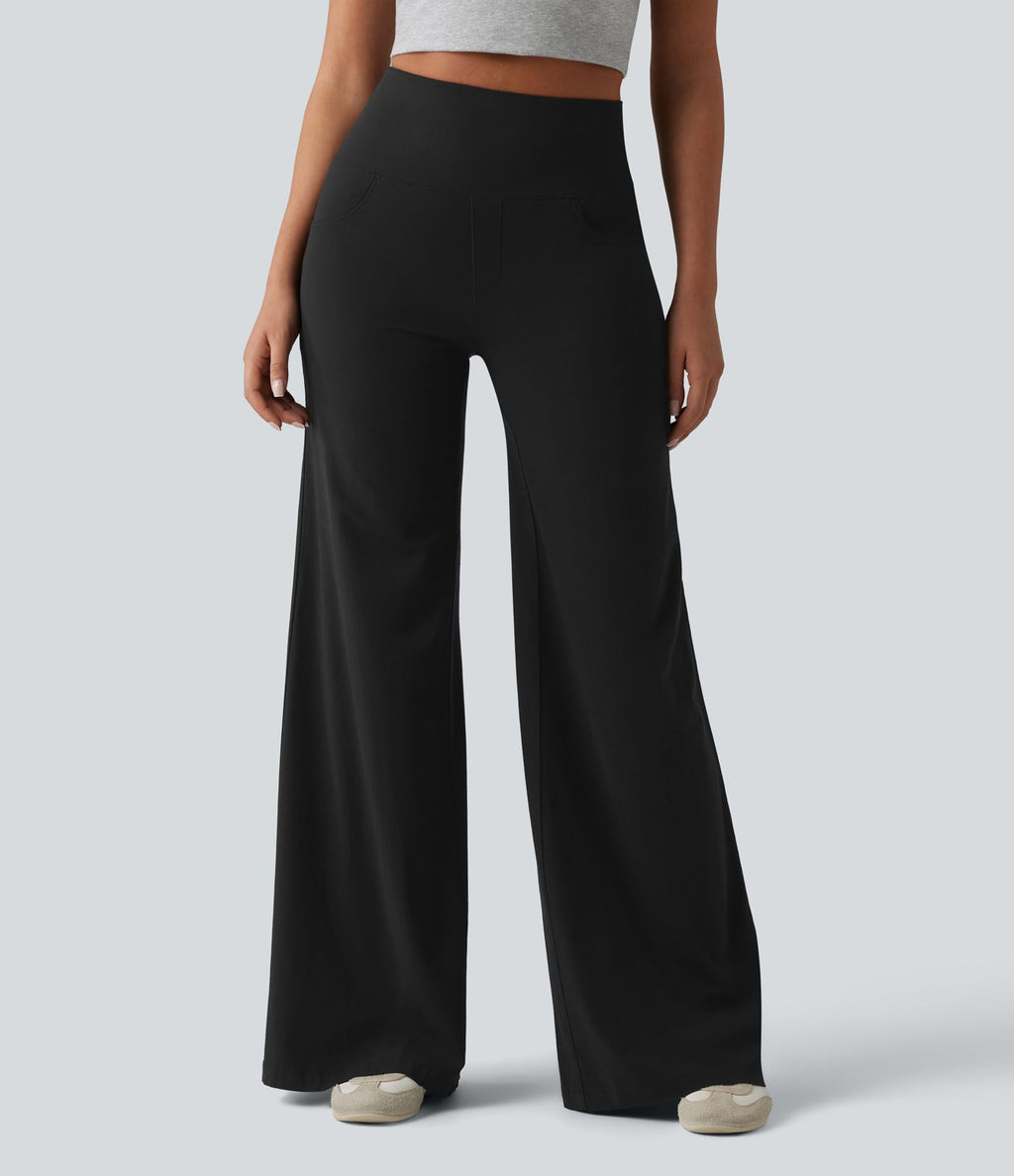 Pantalon large casual en lin stretch taille haute ventre plat avec poches