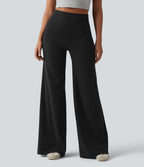 Pantalon large casual en lin stretch taille haute ventre plat avec poches