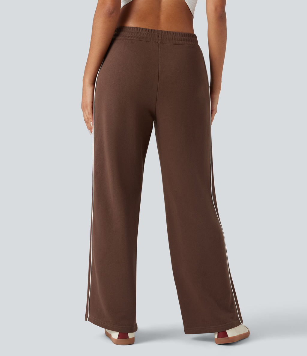 Pantalon jogging coton coupe droite taille mi-haute color block avec cordon de serrage et poches