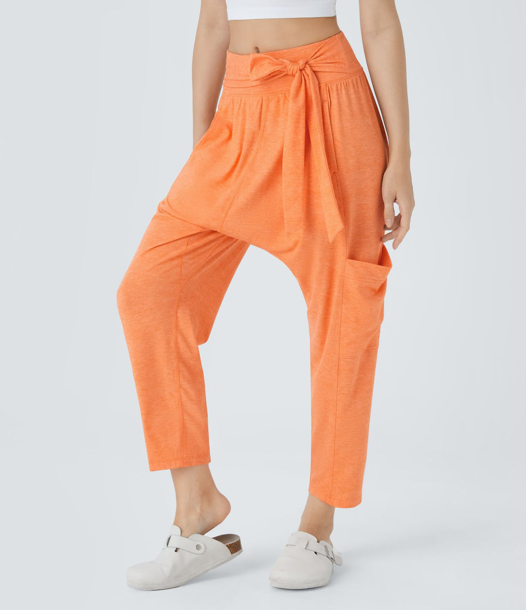 Pantalon Harem Casuak à Taille Mi-Haute avec Liens sur le Côté et Multiples Poches