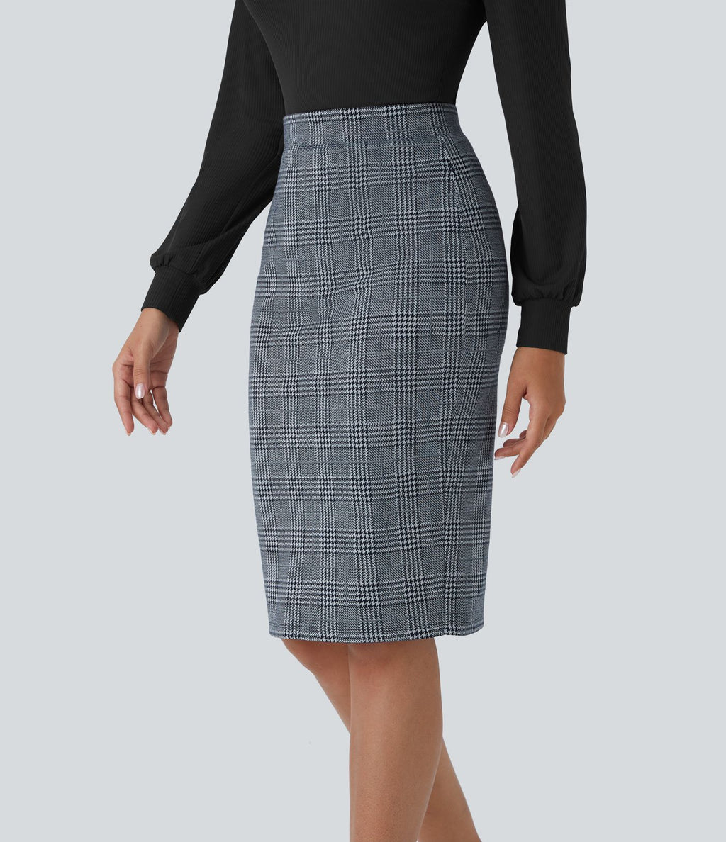 Jupe crayon de travail à taille haute, fente et motif pied-de-poule et carreaux