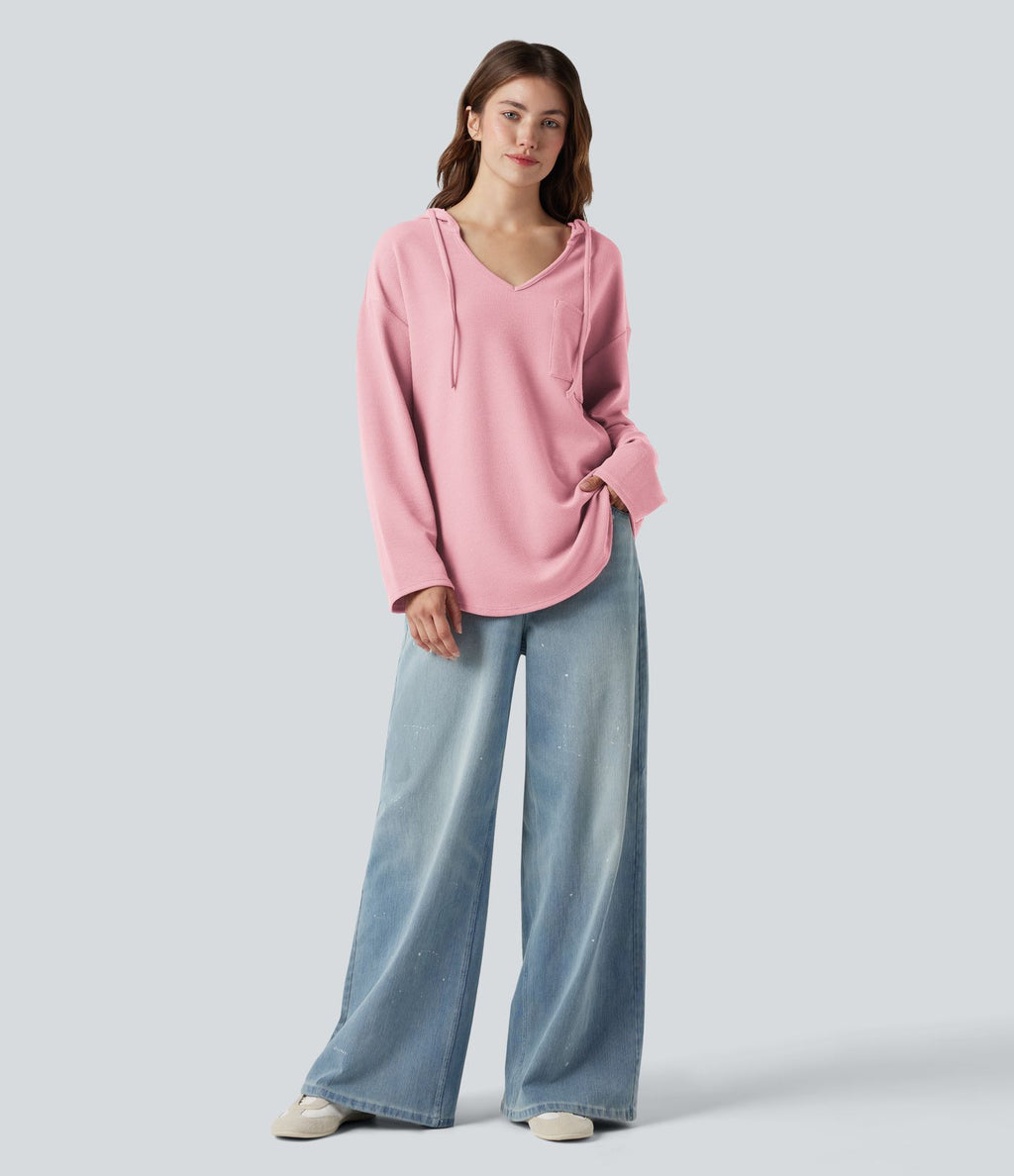 Sweat-shirt à capuche gaufré cordon de serrage manches longues ourlet arrondi avec poche