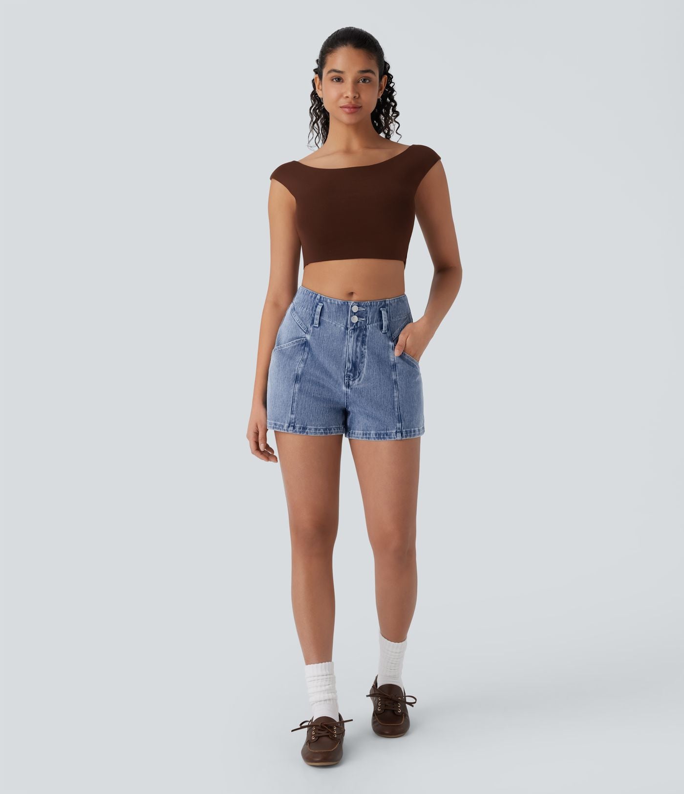Short en denim extensible Halara Flex™ à taille moyenne avec bouton, fermeture éclair et poches latérales 7,5 cm