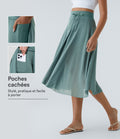 Jupe Casual Évasée Mesh Mi-Longue Fuide 2 en 1 Contrastée Taille Haute Cordon Poche Latérale