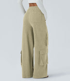 Pantalon cargo décontracté large à cordon côtelé, taille mi-haute, avec poches