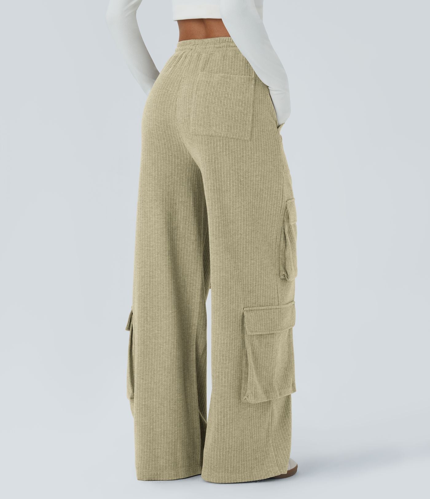 Pantalon cargo décontracté large à cordon côtelé, taille mi-haute, avec poches