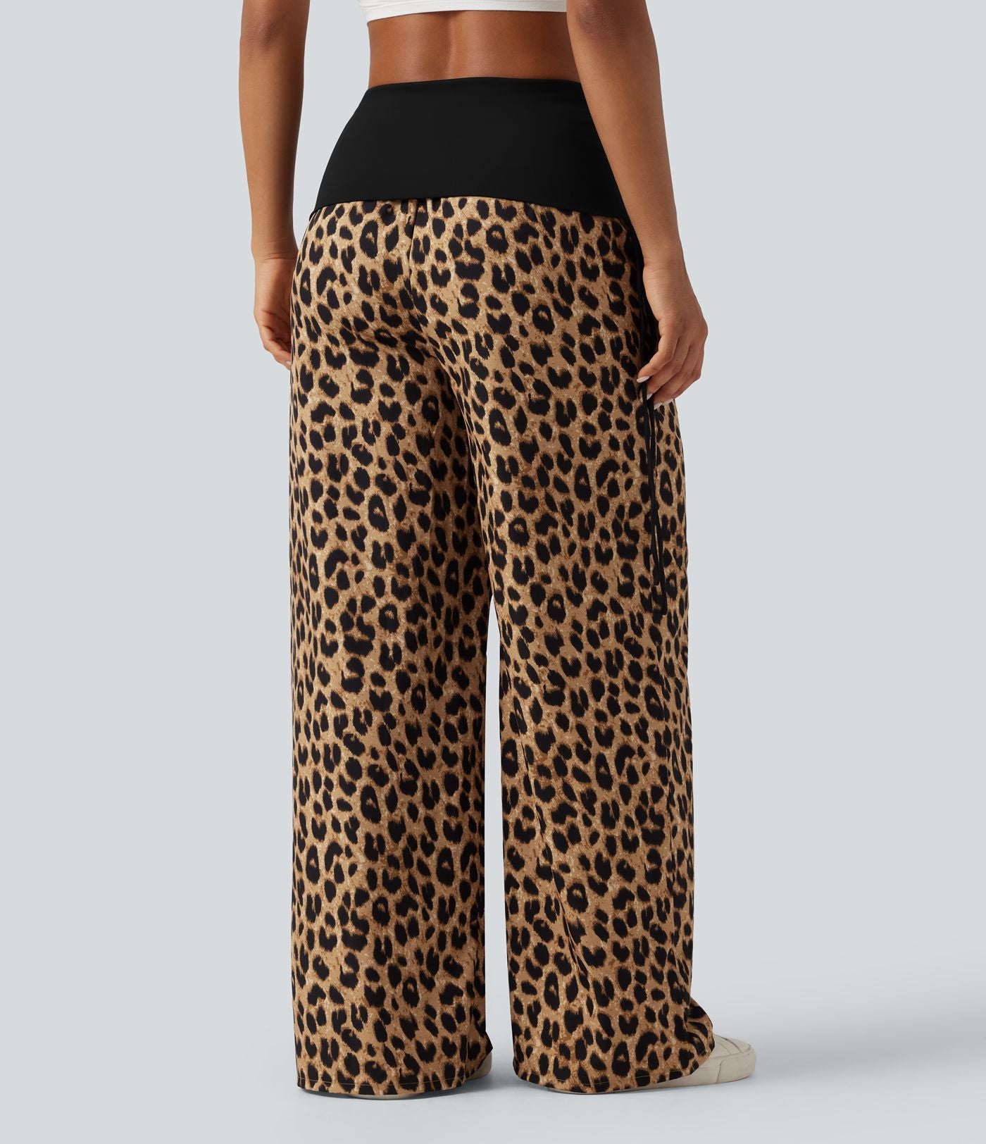 Pantalon baggy casual à imprimé léopard taille haute à revers avec fronces, cordon et poches