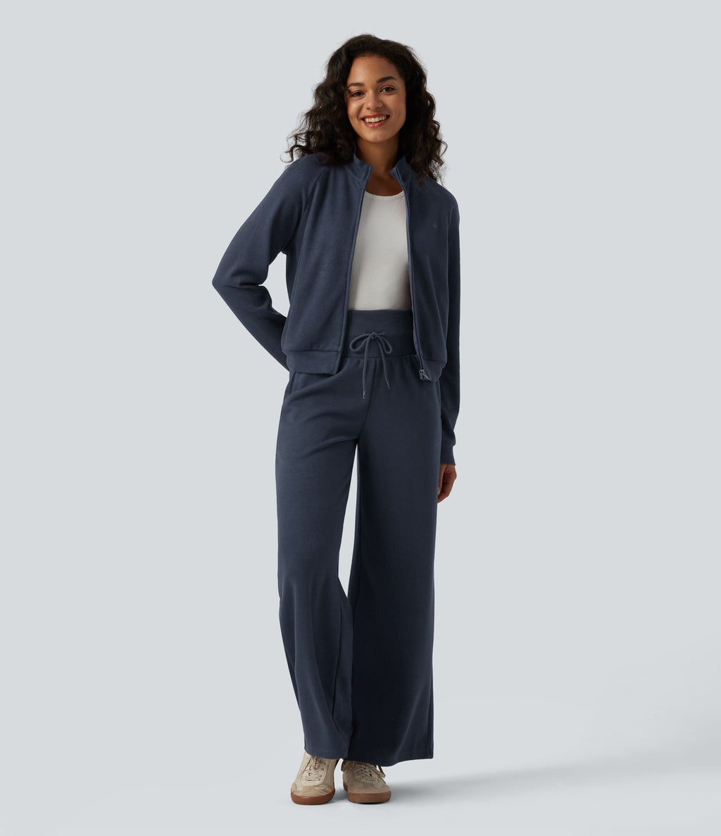 Veste casual côtelée à col montant, manches longues et fermeture zippée avec poches