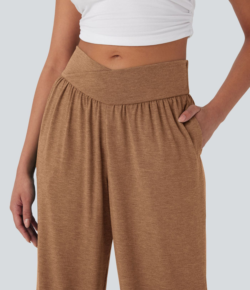 Pantalon de jogging décontracté à taille haute croisée avec poches latérales et cordon de serrage