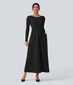 Robe longue décontractée évasée col rond plongeant manches longues avec poches