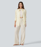 Pantalon décontracté coupe droite taille haute aspect lin avec poches