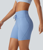 Short cycliste de yoga en maille côtelée taille haute avec cordon de serrage séchage rapide 15 cm avec poches - UPF50+
