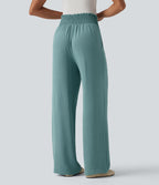 Pantalon droit décontracté aspect lin taille haute à nouer devant avec poches