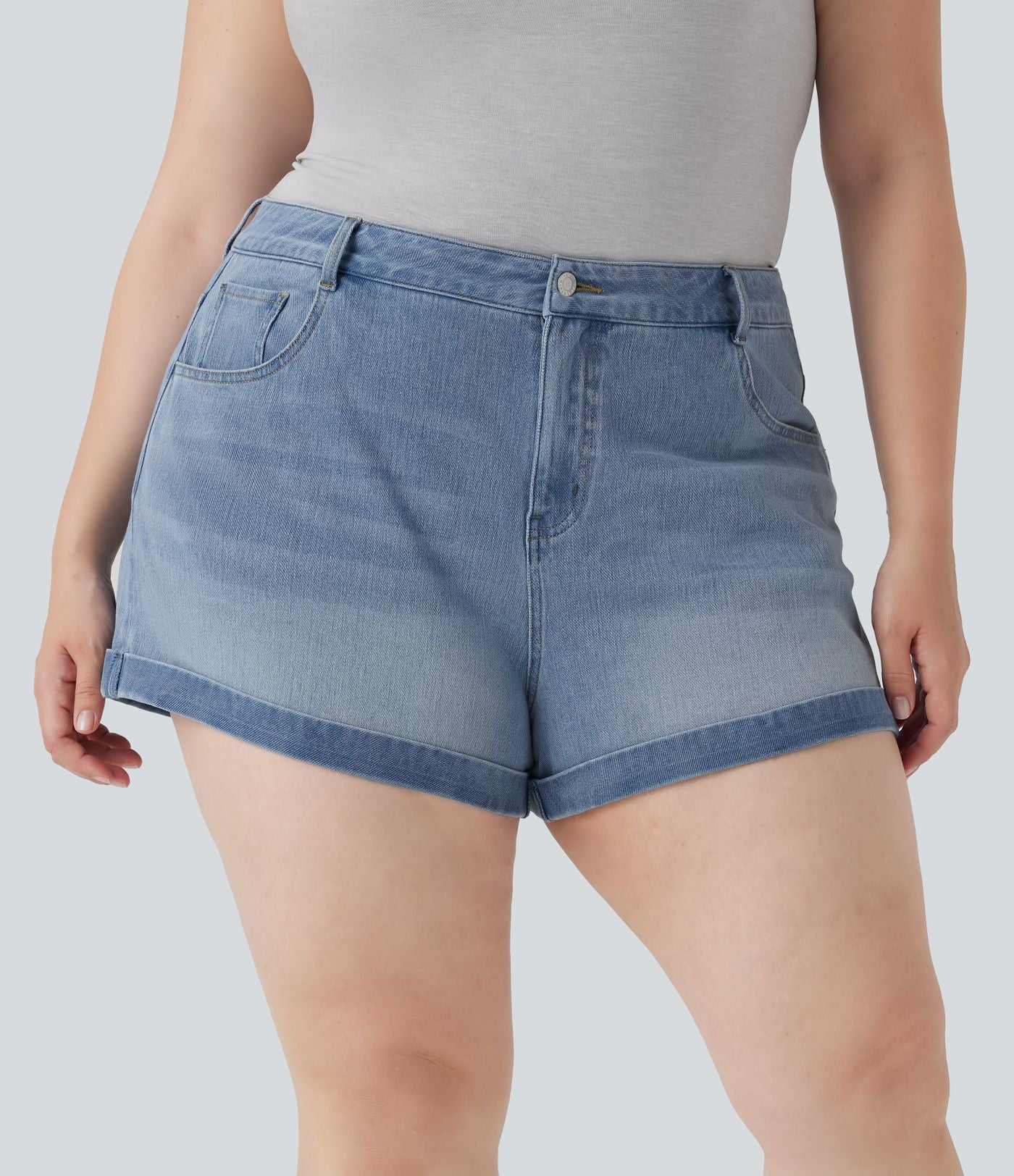 Short décontracté Halara Flex™ grande taille taille mi-haute bouton fermeture éclair en denim maille extensible multiples poches 7,5 cm