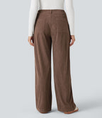 Pantalon décontracté large en velours côtelé, taille haute, avec poches
