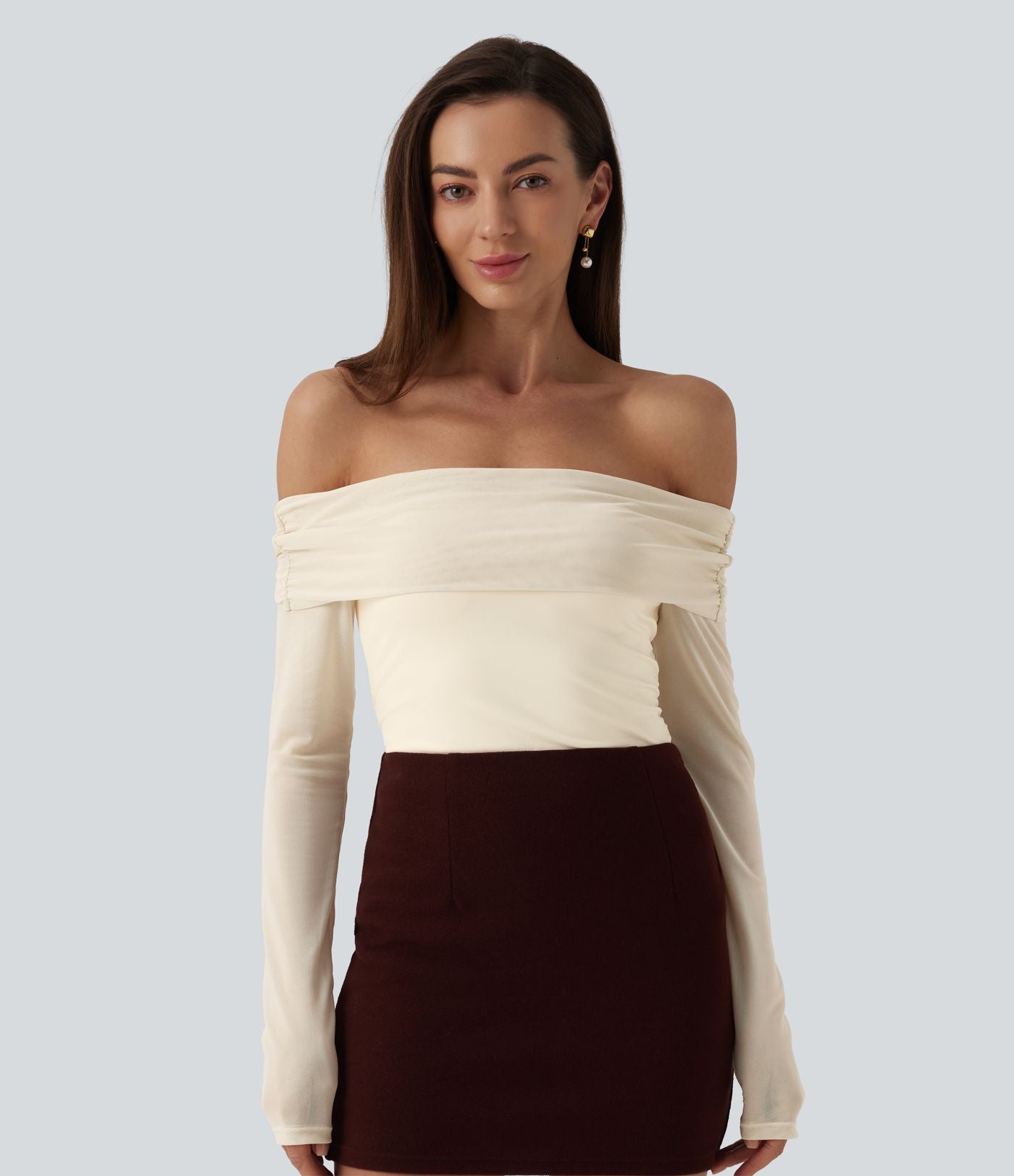 Haut SoftlyZero™ Plush épaules dénudées mesh manches longues