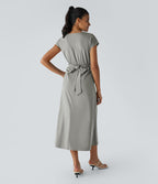 Breezeful™ Robe Mi-Longue Col en V Manches Courtes Poche Latérale Nouée au Dos Séchage Rapide