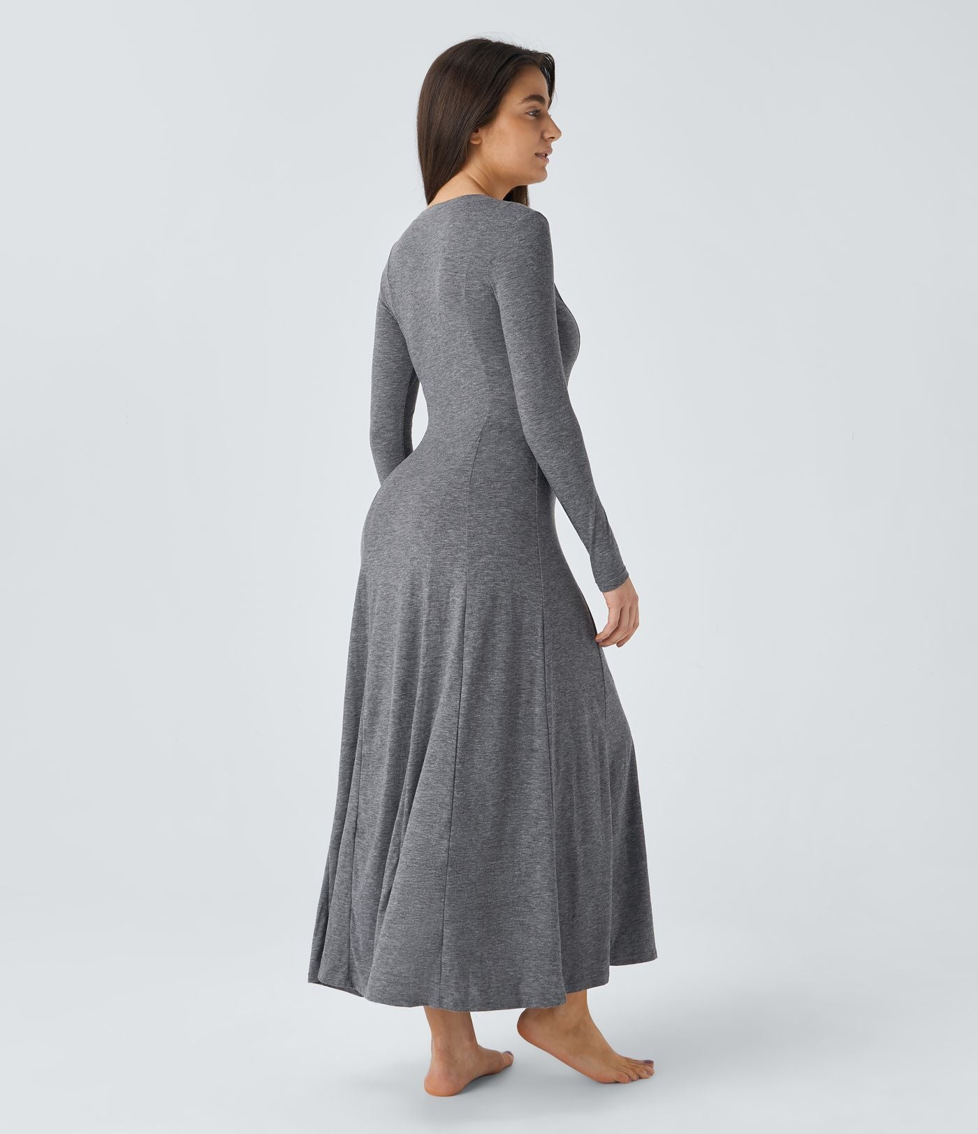 Robe de Casual Maxi Manches Longues Évasées et Boutons au Col Rond