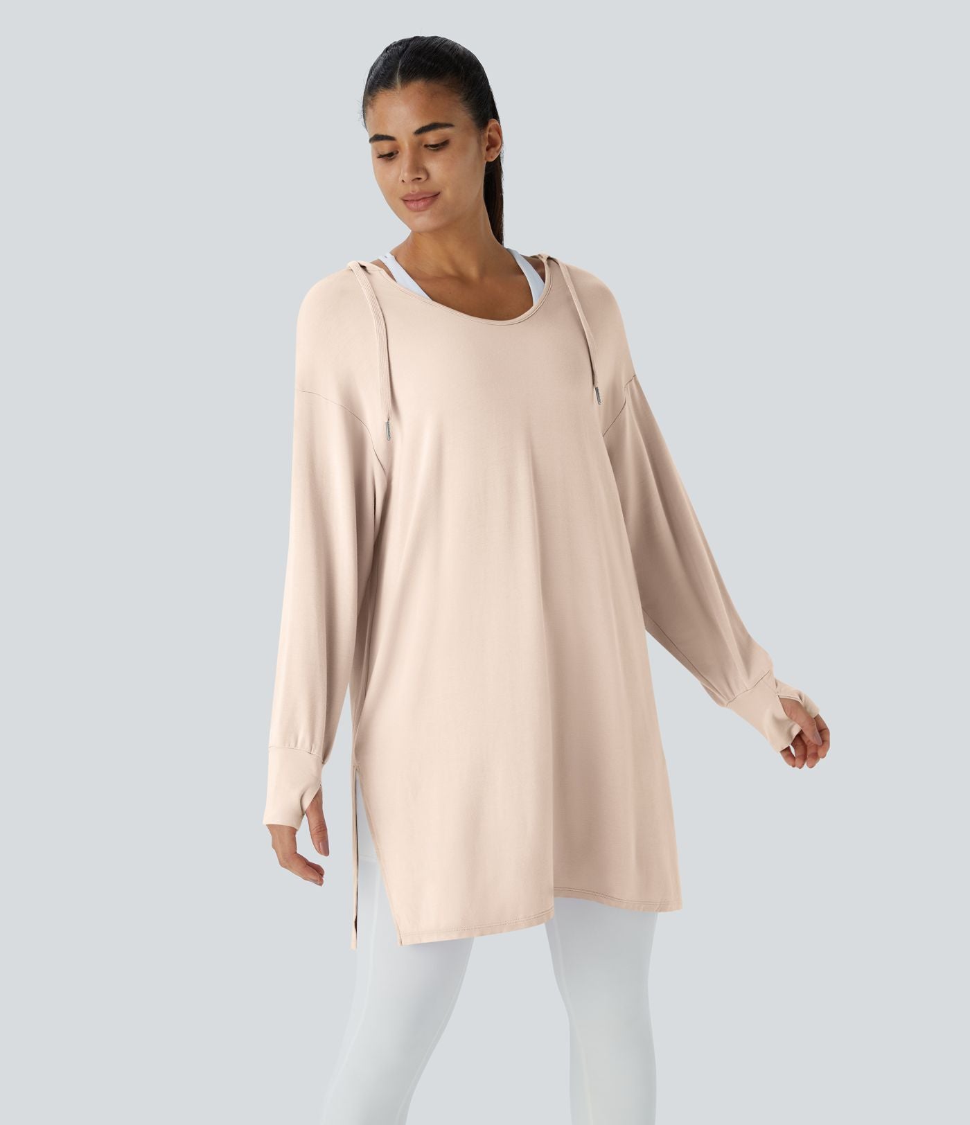 Sweatshirt Casual à Capuche Encolure en V Cordon de Serrage Trou pour le Pouce Fente et Coupe Longue