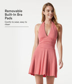 Robe mini décontractée, col V profond, dos-nu type licou, brassière intégrée, fronces, à poches