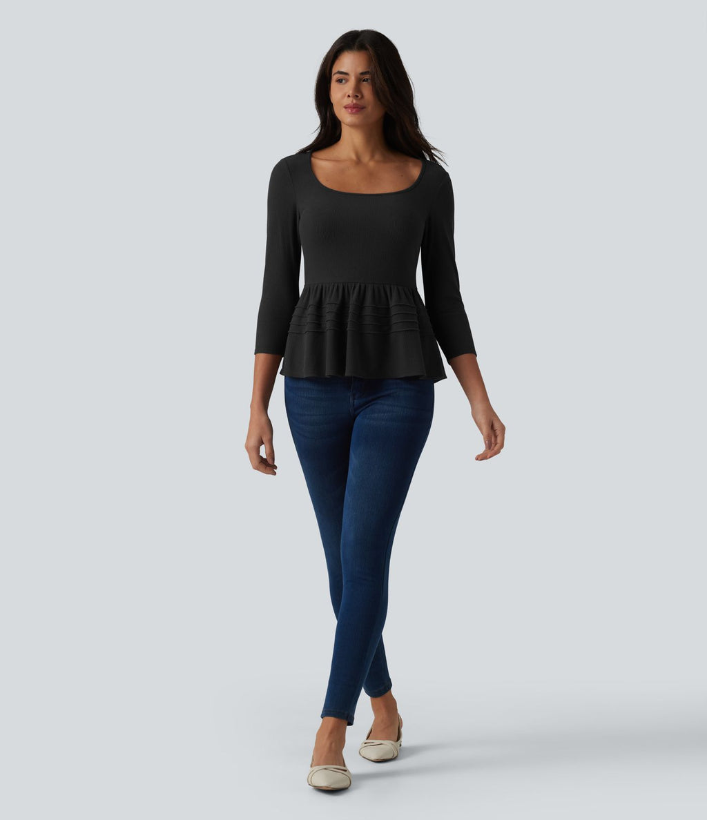 Haut babydoll décontracté en maille côtelée col en U manches 3/4