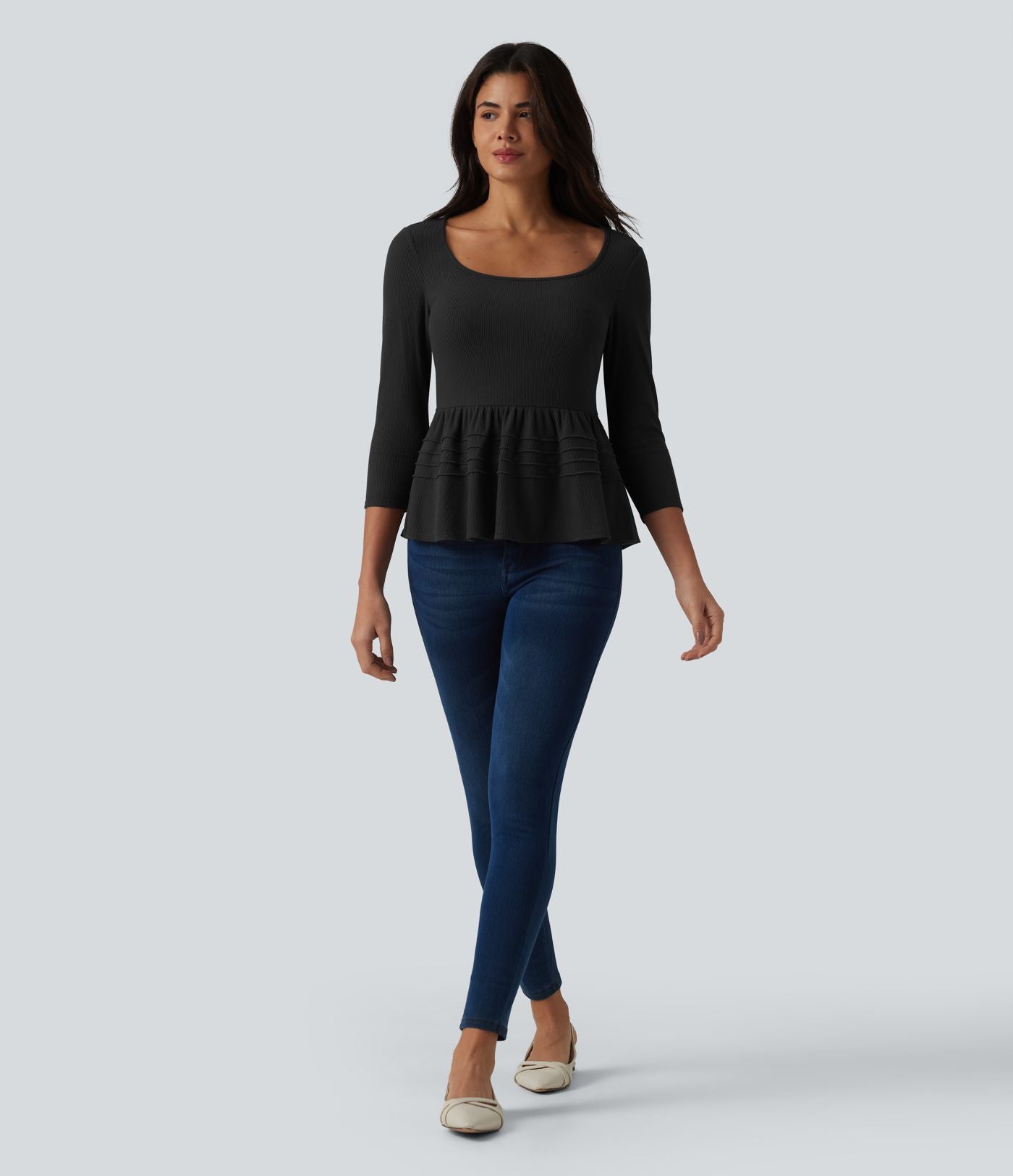 Haut babydoll décontracté en maille côtelée col en U manches 3/4