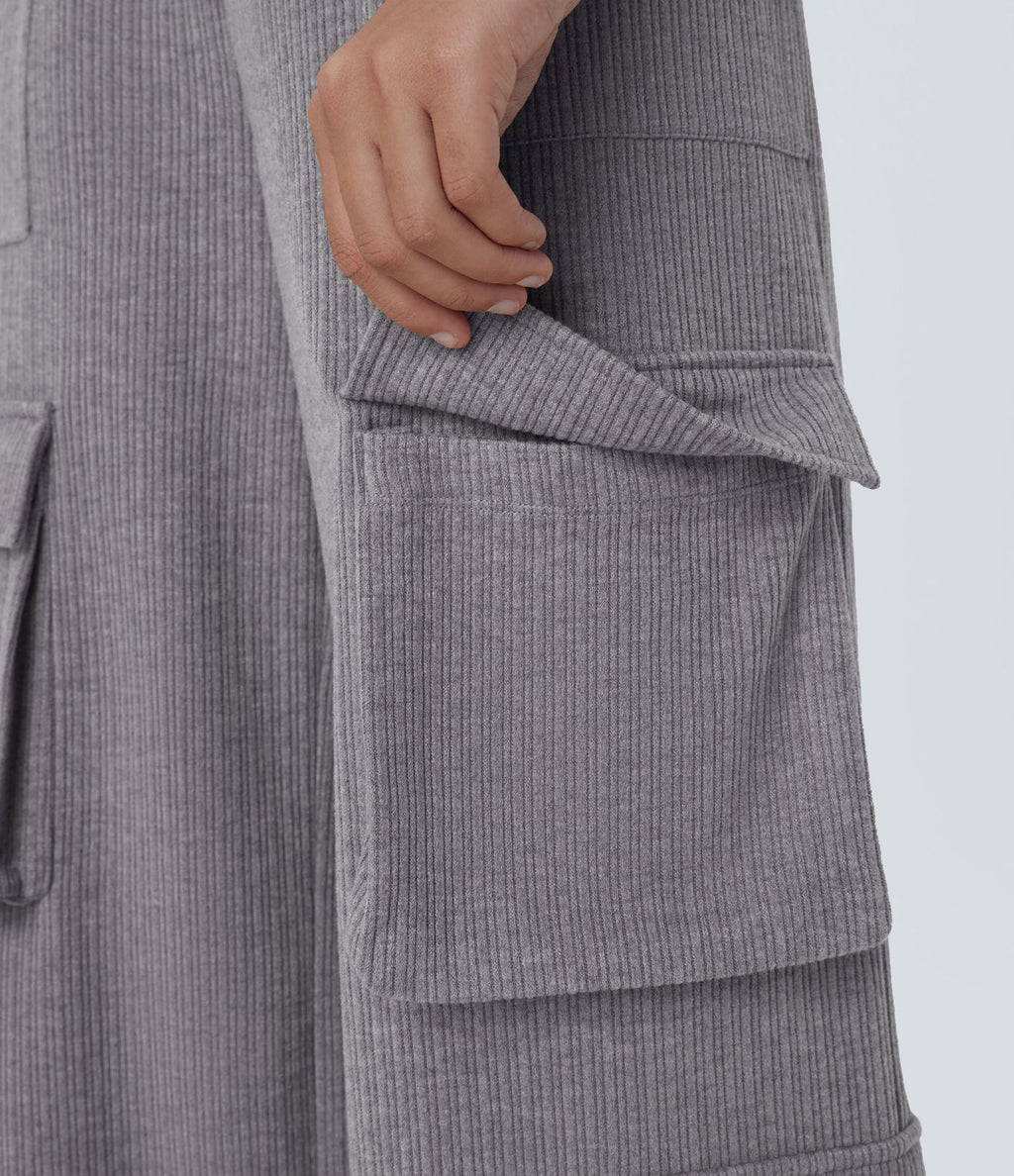 Pantalon cargo décontracté large à cordon côtelé, taille mi-haute, avec poches