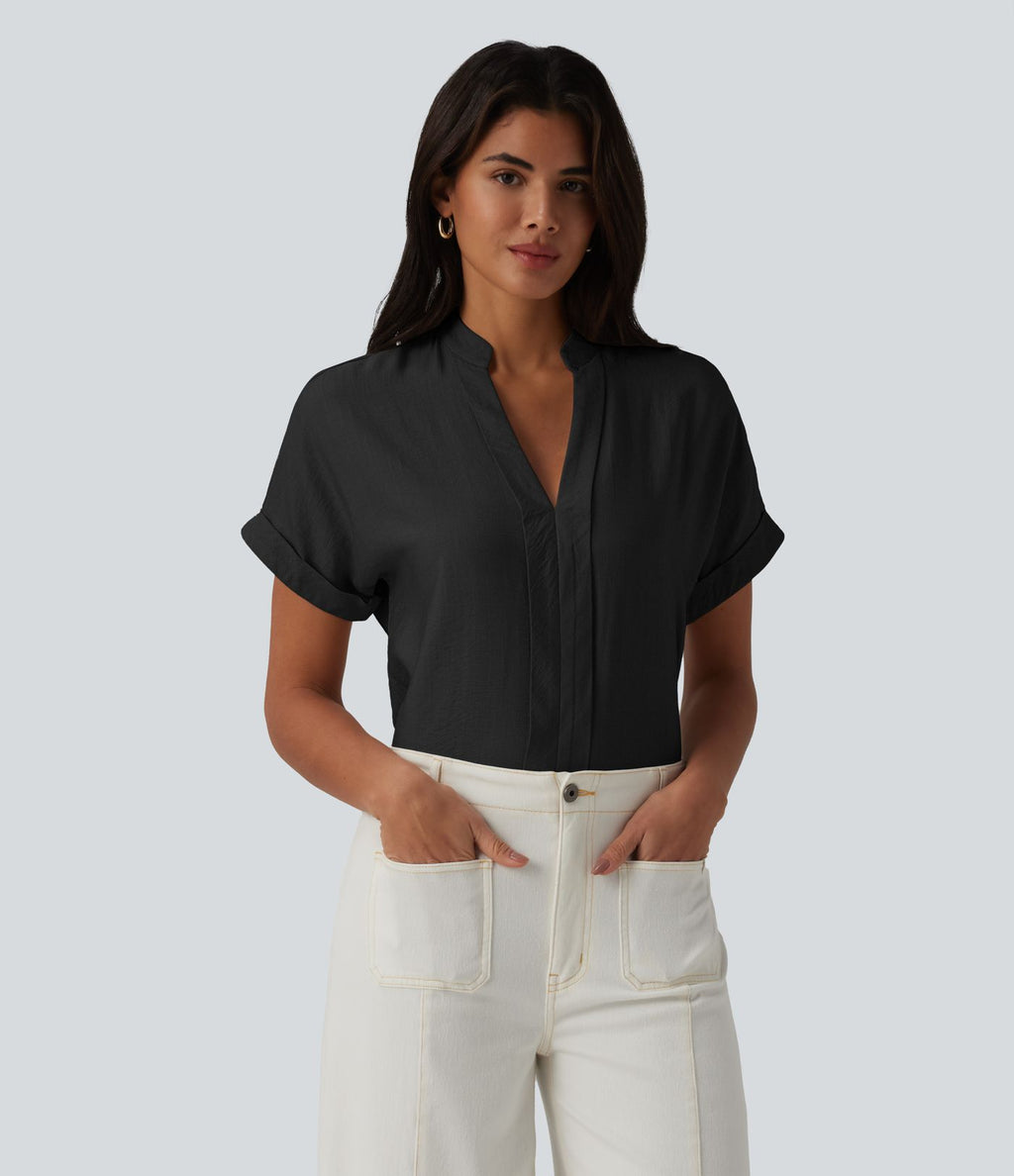 Chemise col V manches courtes aspect lin pour le bureau