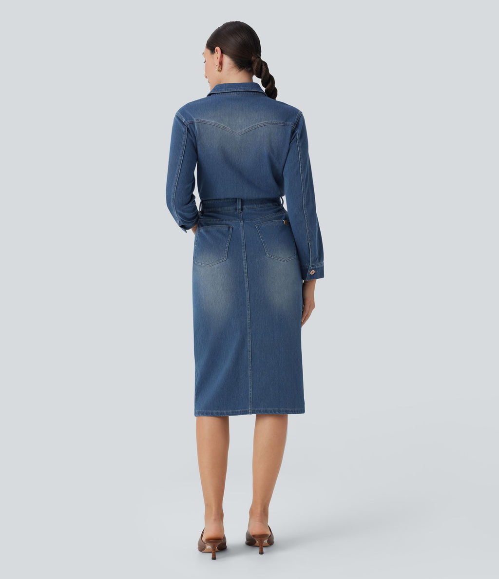 Robe chemise midi casual denim Halara Flex™ manches longues avec poches