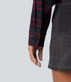 Chemise décontractée à carreaux, manches longues et nœud devant