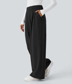 Pantalon Jogging Thermique Taille Haut Jambes Larges Poche Latérale Plissée en Fleece