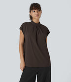 Blouse de Travail à Col Montant Plissée avec Boutons dans le Dos et Manches Courtes