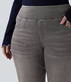 Jean décontracté Halara Flex™ grande taille bootcut taille haute en maille extensible délavée avec multiples poches